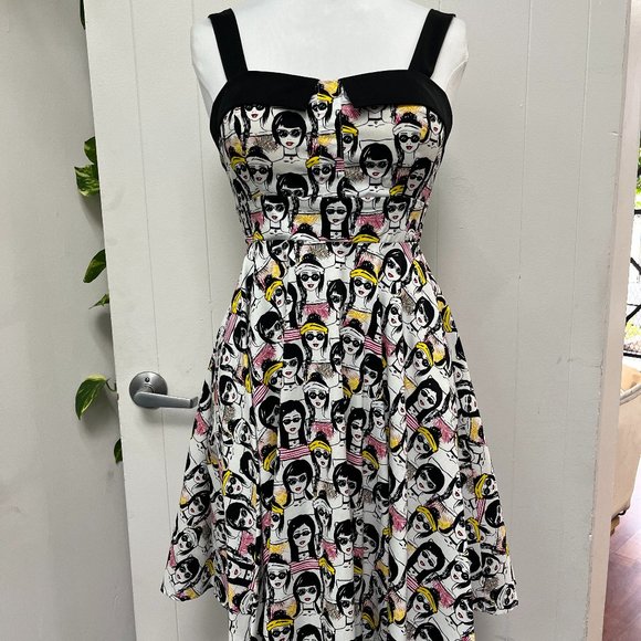 Eva Rose Retro Face Print Pinup Fit and Flare Dress with Pockets - Picture 1 of 4